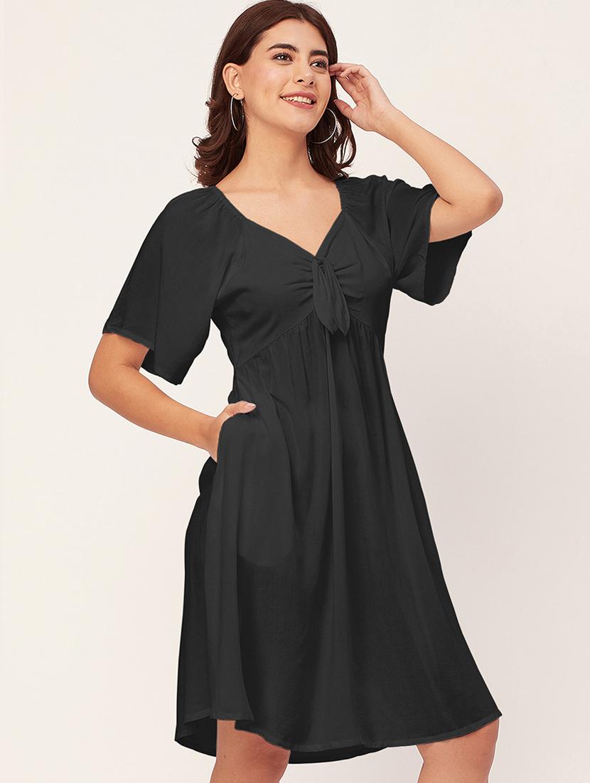 black solid a-line dress with pocket - 20458139 -  Standard Image - 1