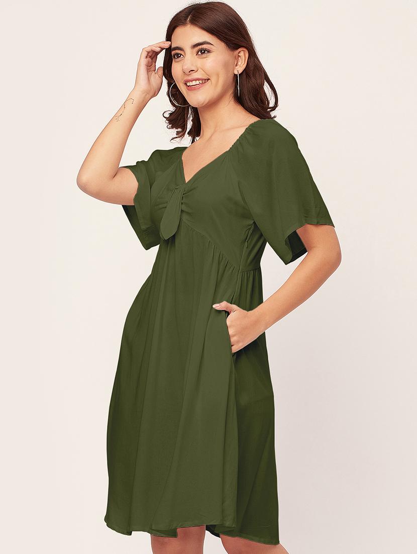 green solid a-line dress with pocket - 20458140 -  Standard Image - 1