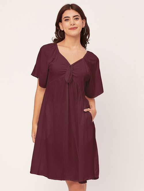 burgundy solid a-line dress with pocket - 20458141 - Standard Image - 0
