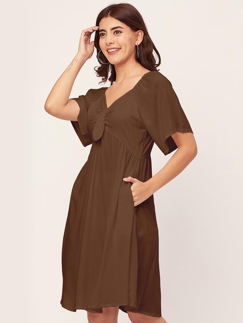 brown solid a-line dress with pocket - 20458142 - Standard Image - 1
