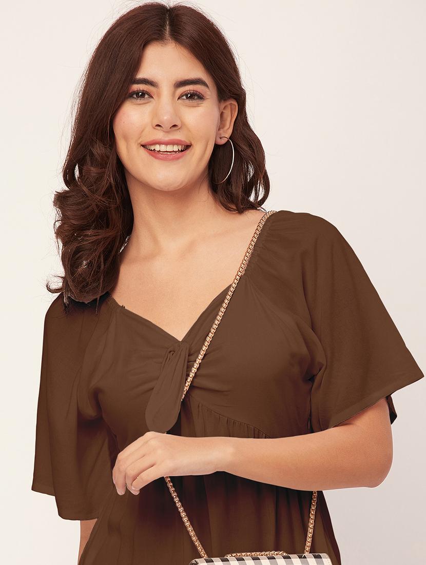 brown solid a-line dress with pocket - 20458142 - Standard Image - 4