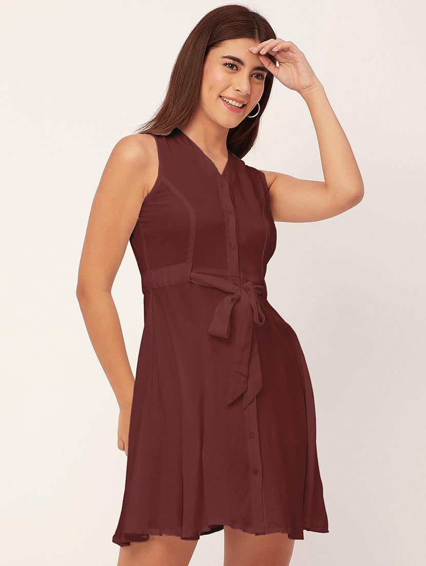 brown solid sleeveless a-line dress - 20458143 - Standard Image - 1
