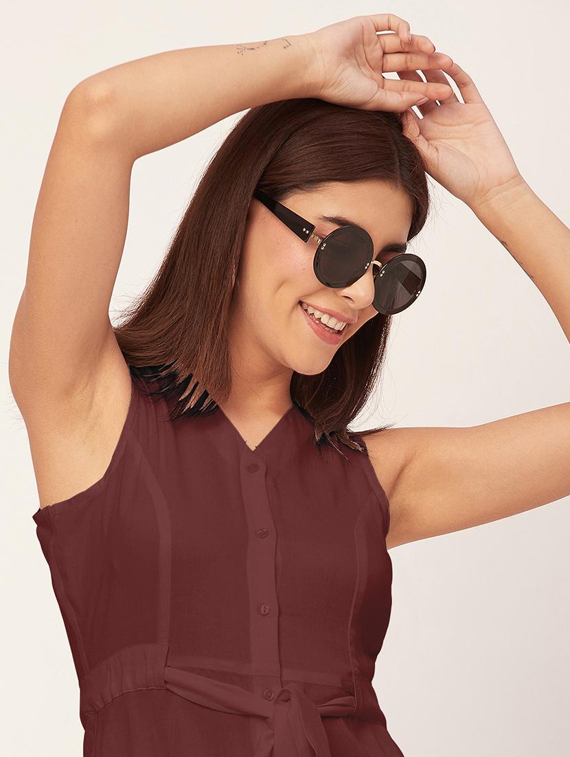 brown solid sleeveless a-line dress - 20458143 - Standard Image - 4