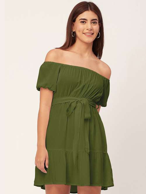 olive solid off shoulder dress waist tie - 20458149 - Standard Image - 0