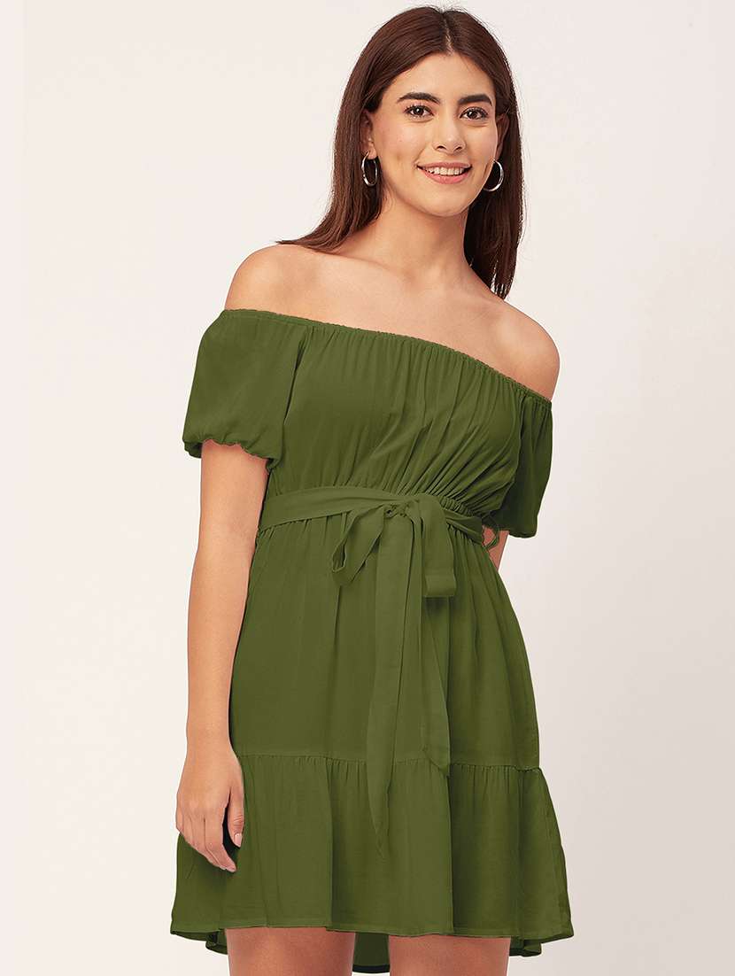 olive solid off shoulder dress waist tie - 20458149 - Zoom Image - 0