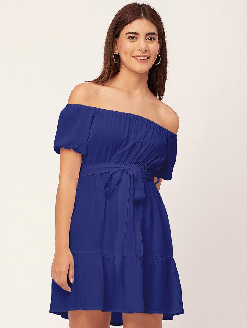 blue solid off shoulder dress waist tie