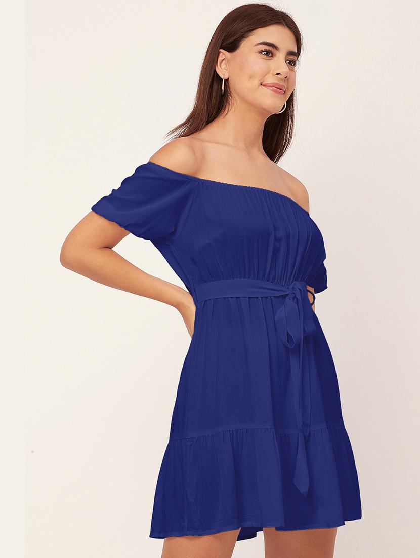 blue solid off shoulder dress waist tie - 20458150 - Standard Image - 1