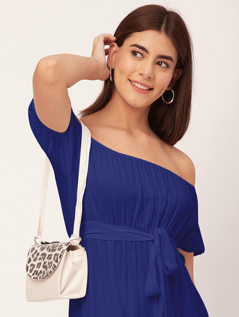 blue solid off shoulder dress waist tie - 20458150 - Standard Image - 4