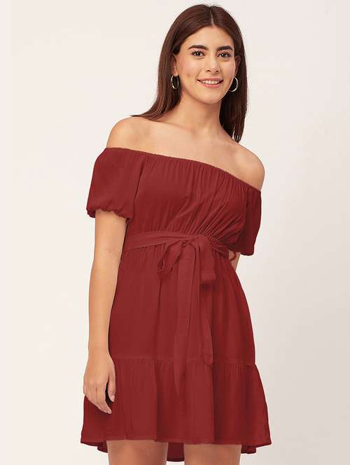 maroon solid off shoulder dress waist tie - 20458151 - Standard Image - 0