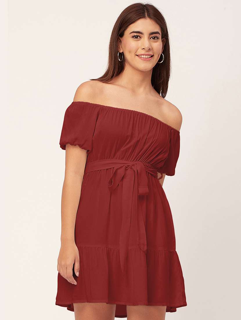 maroon solid off shoulder dress waist tie - 20458151 - Zoom Image - 0