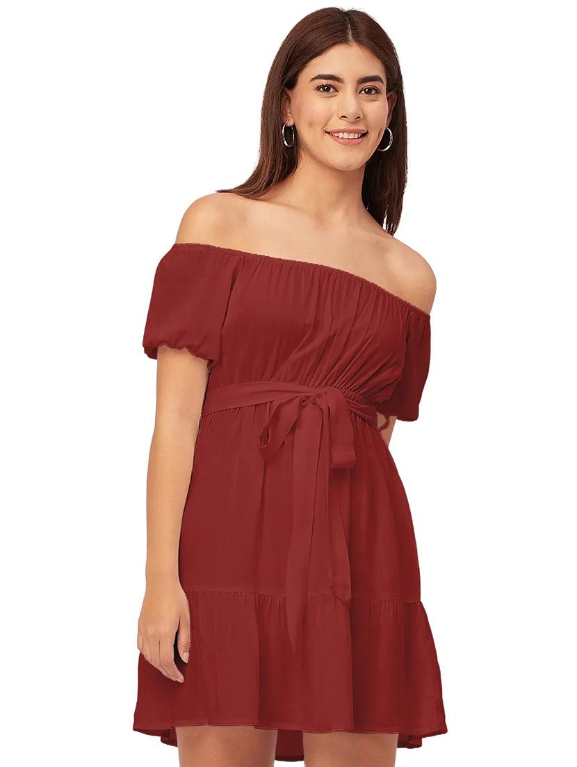 maroon solid off shoulder dress waist tie - 20458151 - Standard Image - 1