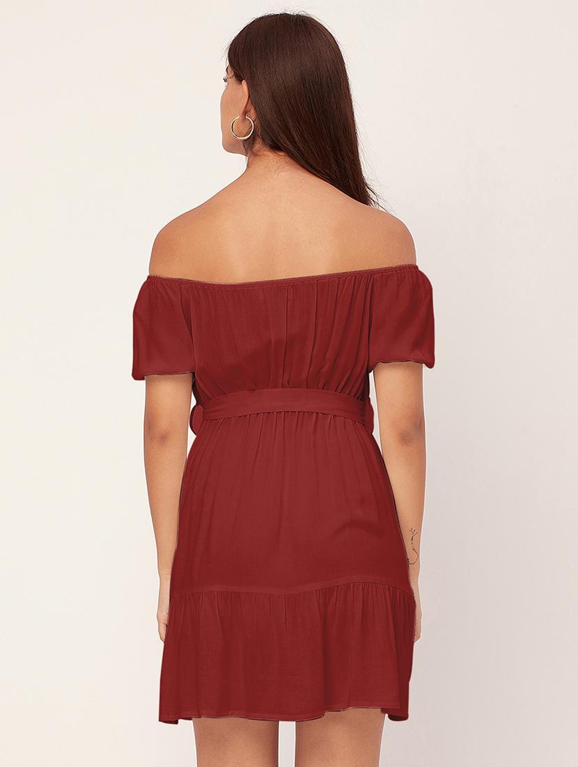 maroon solid off shoulder dress waist tie - 20458151 - Standard Image - 4