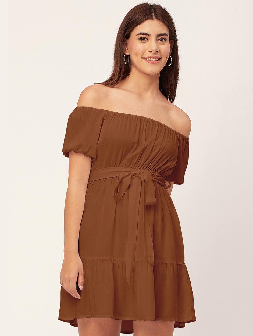 brown solid off shoulder dress waist tie - 20458152 -  Zoom Image - 0