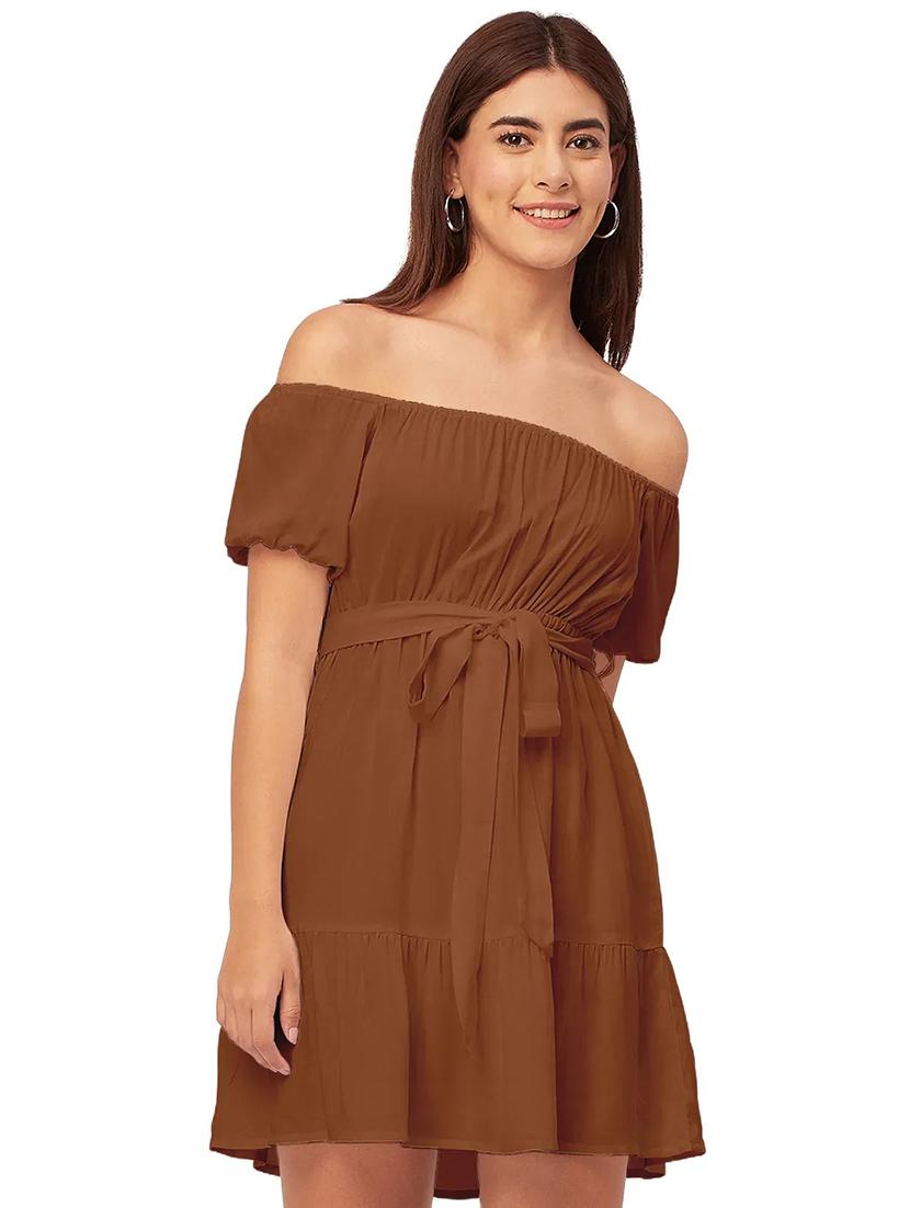 brown solid off shoulder dress waist tie - 20458152 -  Standard Image - 1