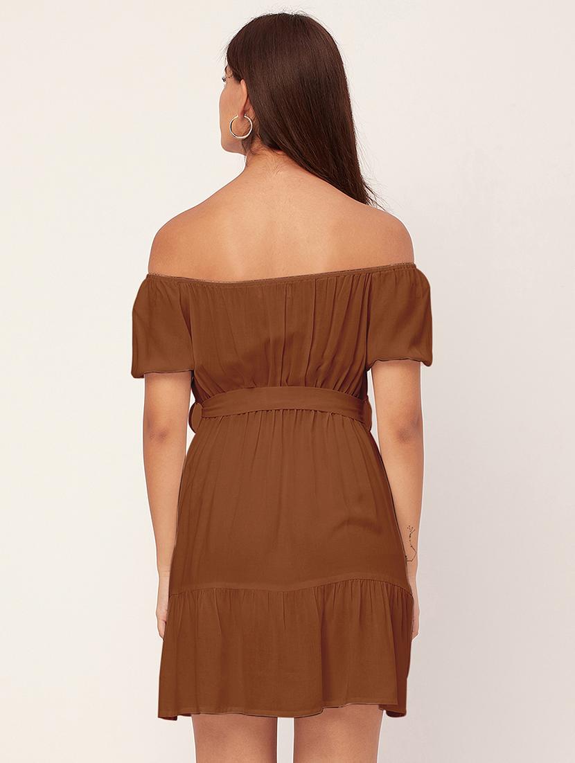 brown solid off shoulder dress waist tie - 20458152 - Standard Image - 4