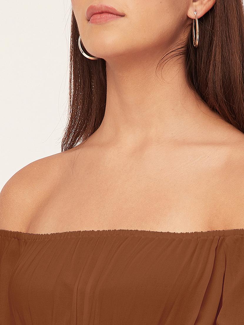 brown solid off shoulder dress waist tie - 20458152 - Standard Image - 6