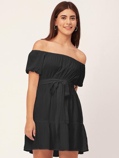 black solid off shoulder dress waist tie - 20458153 - Standard Image - 0