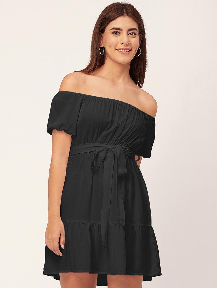 black solid off shoulder dress waist tie - 20458153 - Zoom Image - 0
