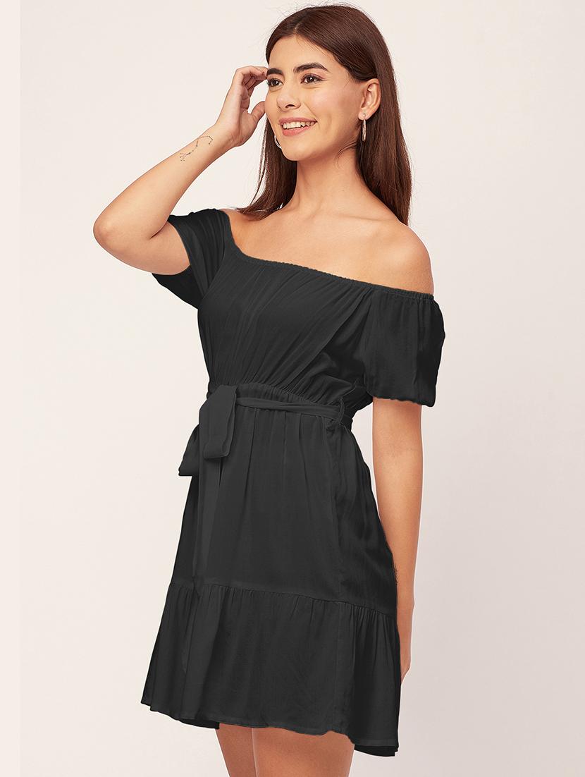 black solid off shoulder dress waist tie - 20458153 - Standard Image - 1
