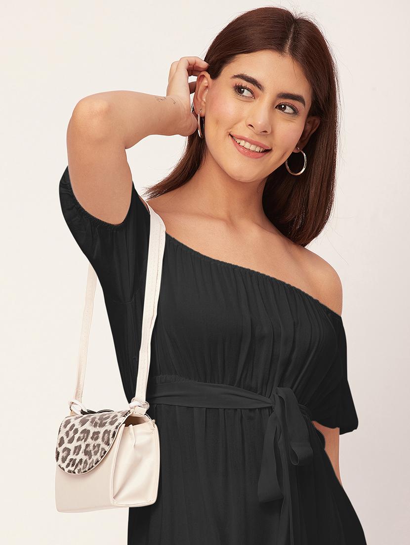 black solid off shoulder dress waist tie - 20458153 - Standard Image - 4