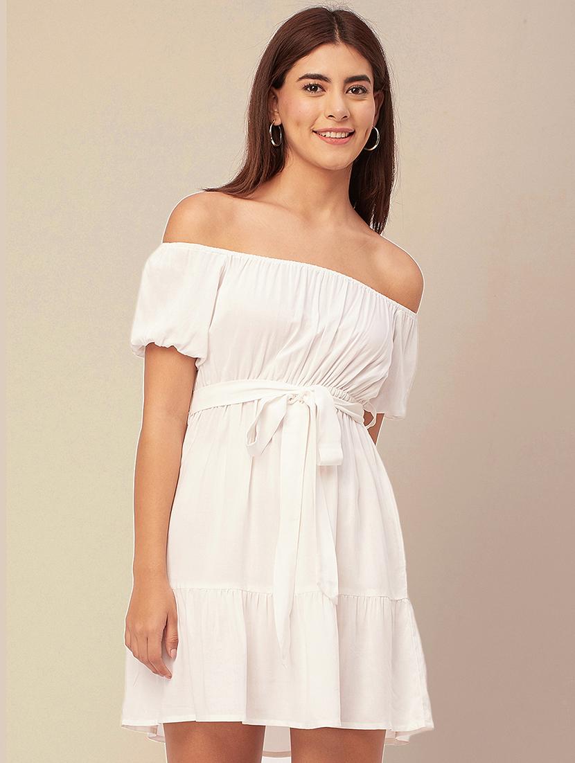 white solid off shoulder dress waist tie - 20458154 -  Zoom Image - 0