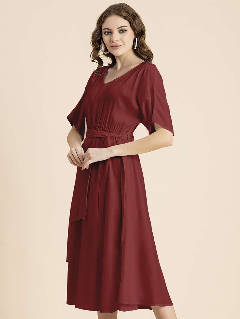 maroon solid a-line dress with waist tie - 20458156 -  Standard Image - 1