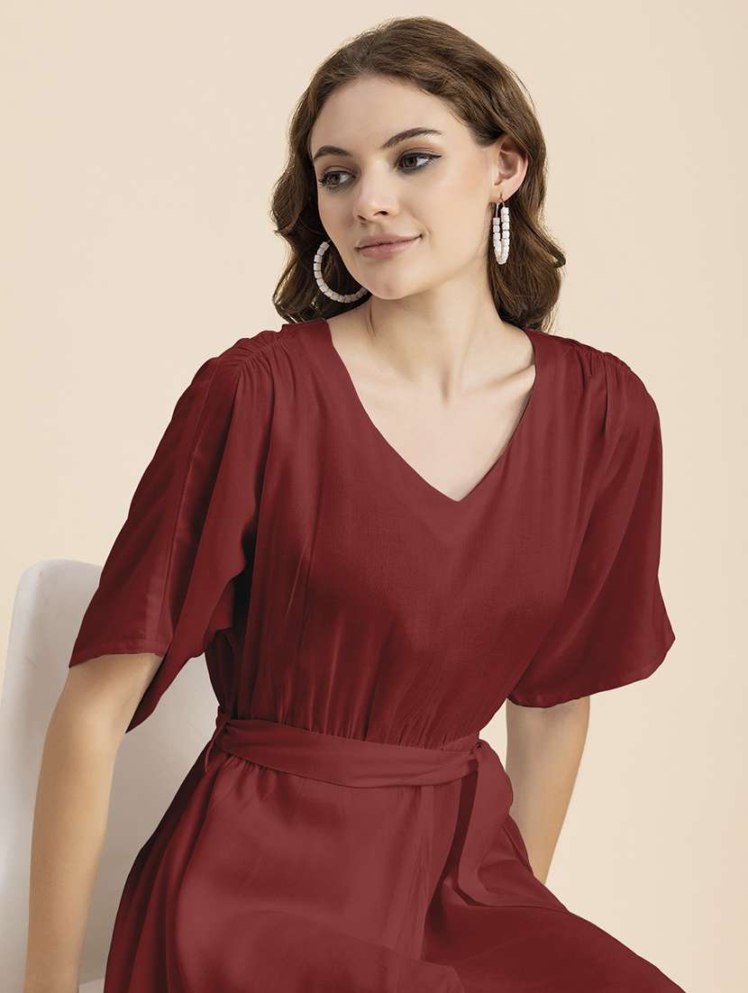 maroon solid a-line dress with waist tie - 20458156 -  Standard Image - 4