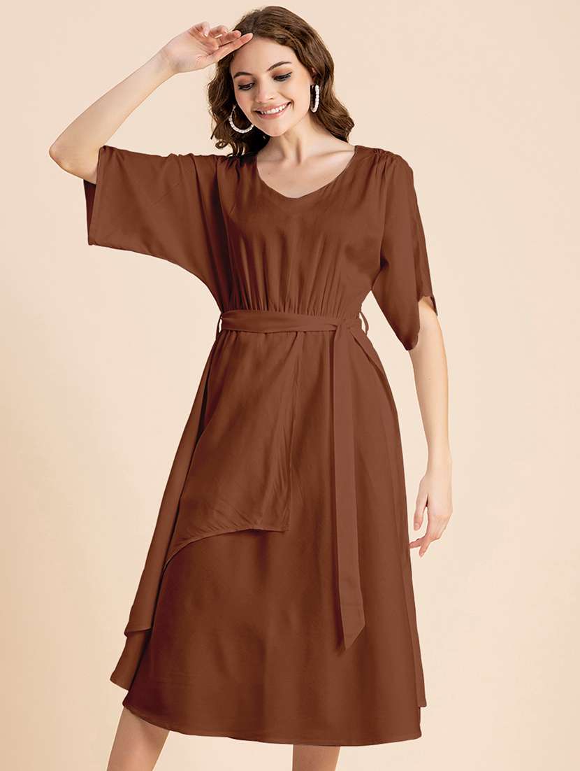 brown solid a-line dress with waist tie