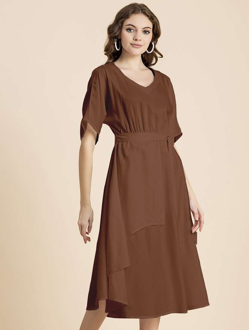 Brown Solid A-line Dress With Waist Tie - 20458158 -  Standard Image - 1