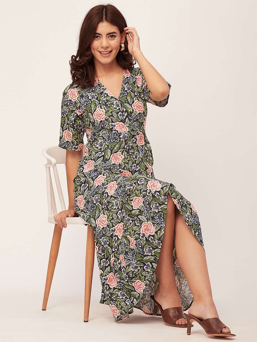 navy blue floral print wrap dress - 20458160 -  Standard Image - 1