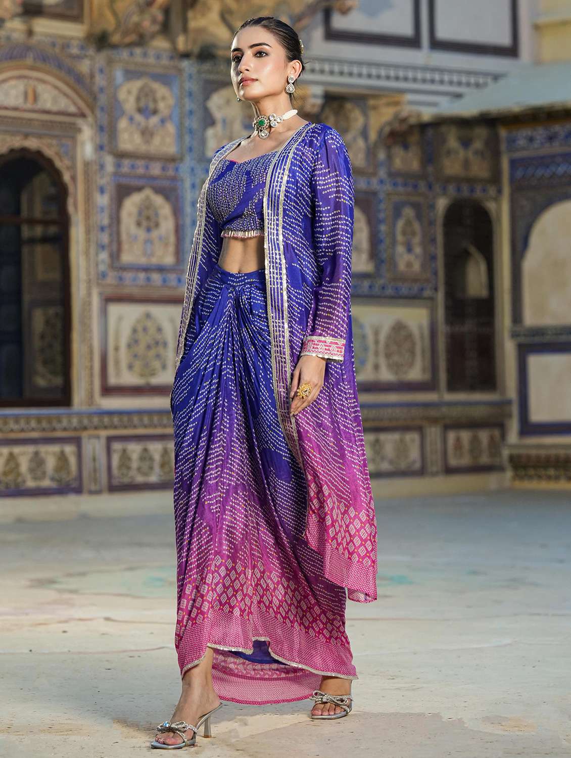 women blue bandahni print fusion sets - 20458200 - Standard Image - 1