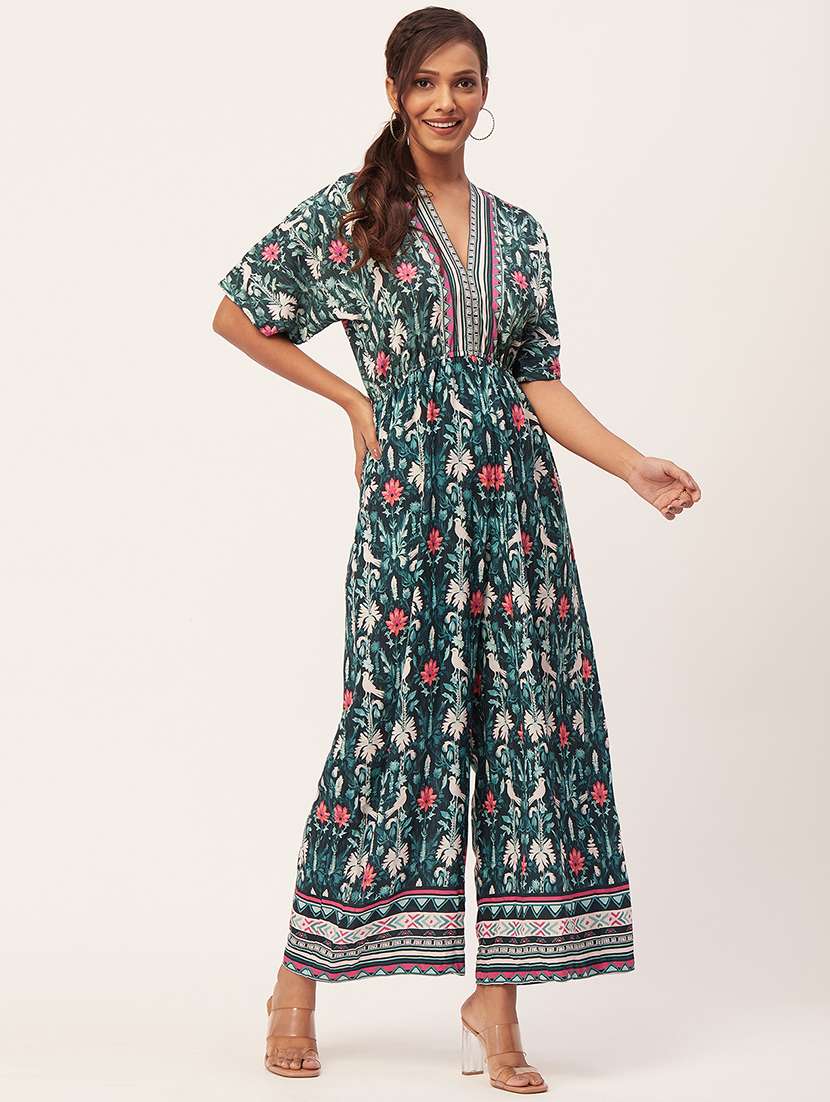 teal floral print full lengtrh jumpsuit