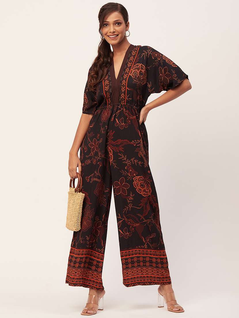 black floral print full length jumpsuit