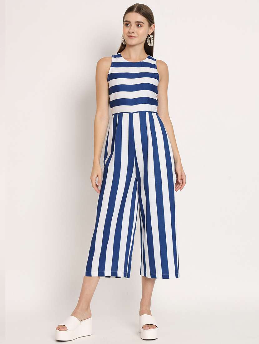 women blue & white striped full length jumpsuit