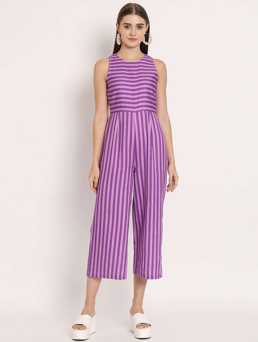 purple striped sleevless full length jumpsuit