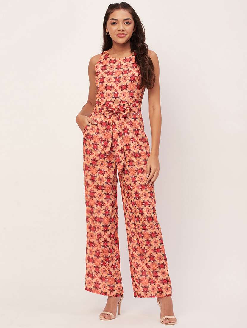 peach printed full length jumpsuit