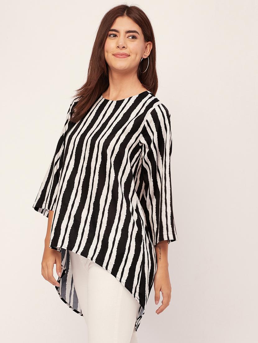 black round neck striped high low top - 20459159 -  Standard Image - 1