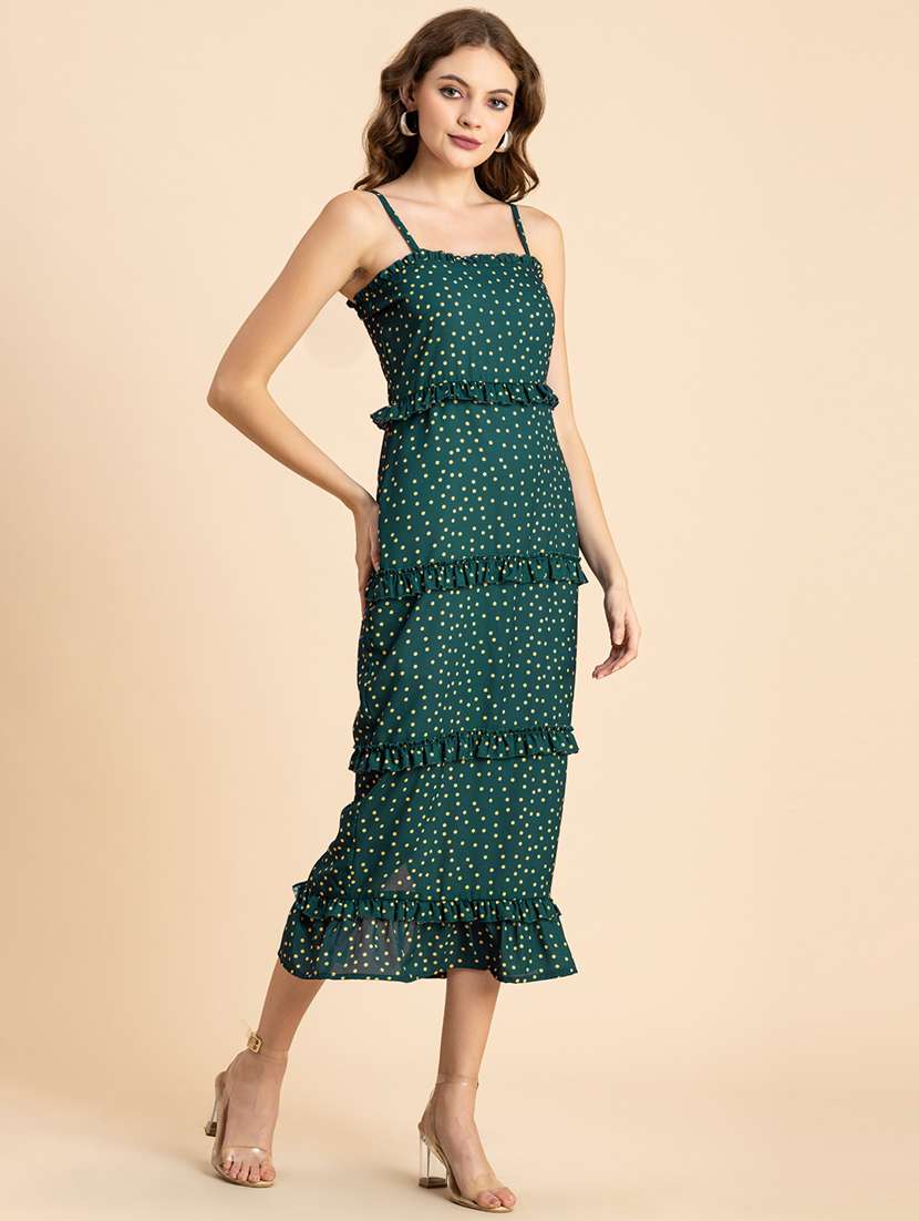 bottle green polka dots tiered dress - 20459379 -  Standard Image - 1