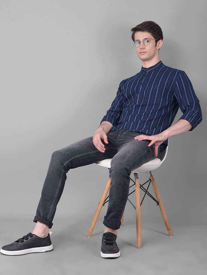 men striped navy blue cotton slim fit short kurta - 20459459 -  Standard Image - 4