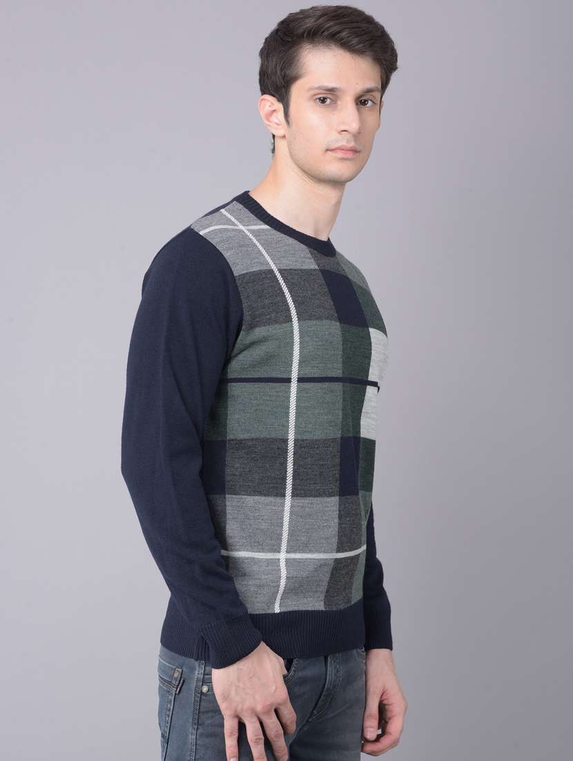 men checkered navy blue acrylic pullover - 20459493 -  Standard Image - 1