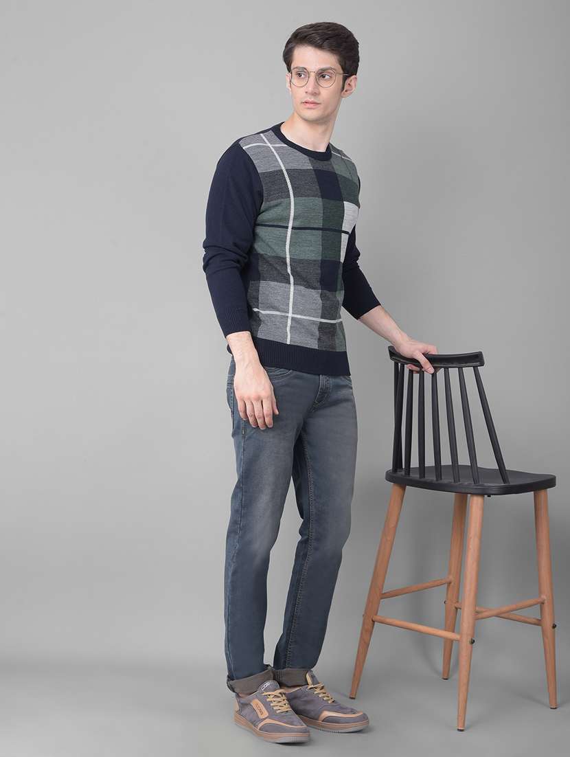 men checkered navy blue acrylic pullover - 20459493 -  Standard Image - 4