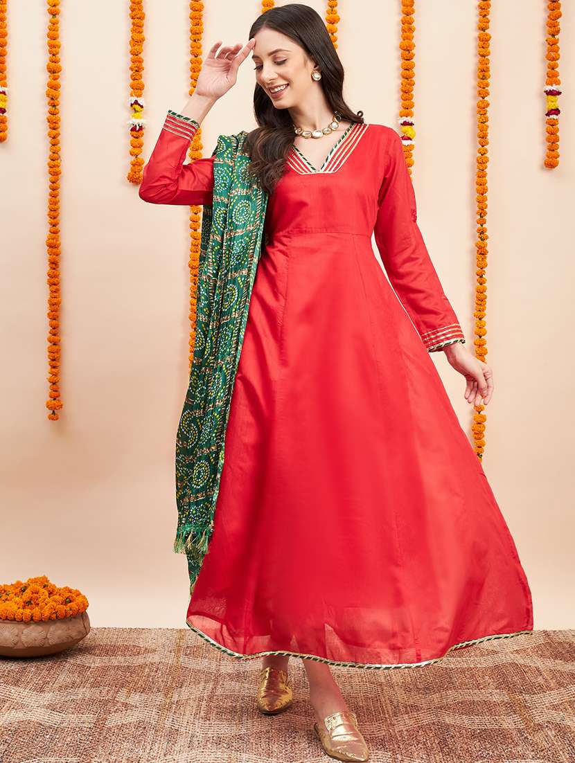 Red Solid With Work Kurta Dupatta Set
