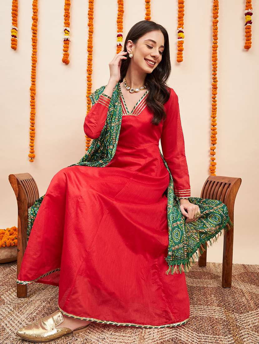 Red Solid With Work Kurta Dupatta Set
