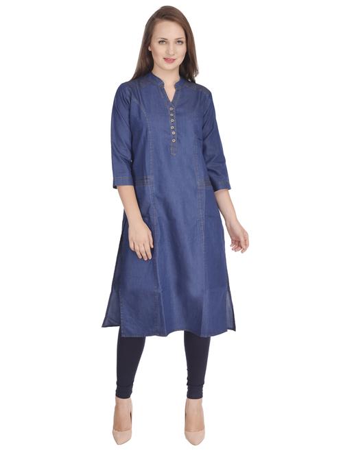 women blue denim mandarin neck a-line kurta - 20467523 - Standard Image - 0