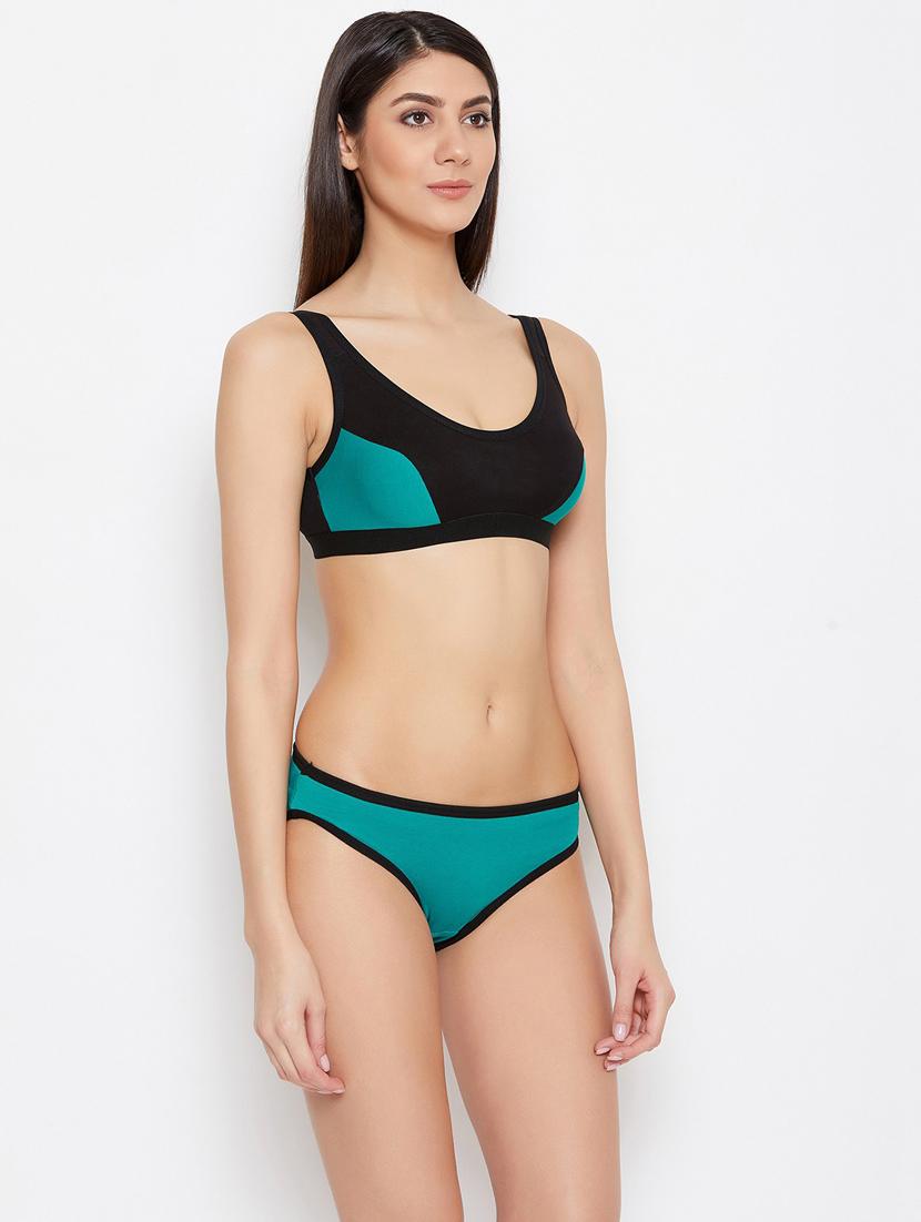 teal & black color blocked bra and panty set - 20467671 - Standard Image - 1