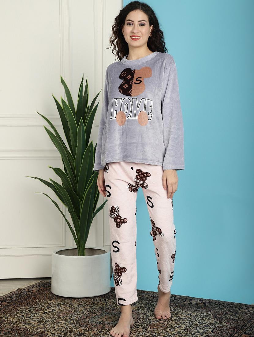 grey self designed pyjama nightwear set - 20467790 - Standard Image - 1