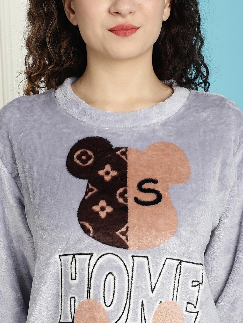 grey self designed pyjama nightwear set - 20467790 - Standard Image - 4