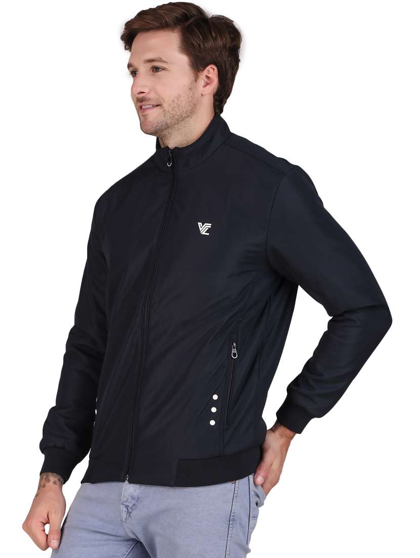 men solid black polyester casual jacket - 20468258 - Standard Image - 1