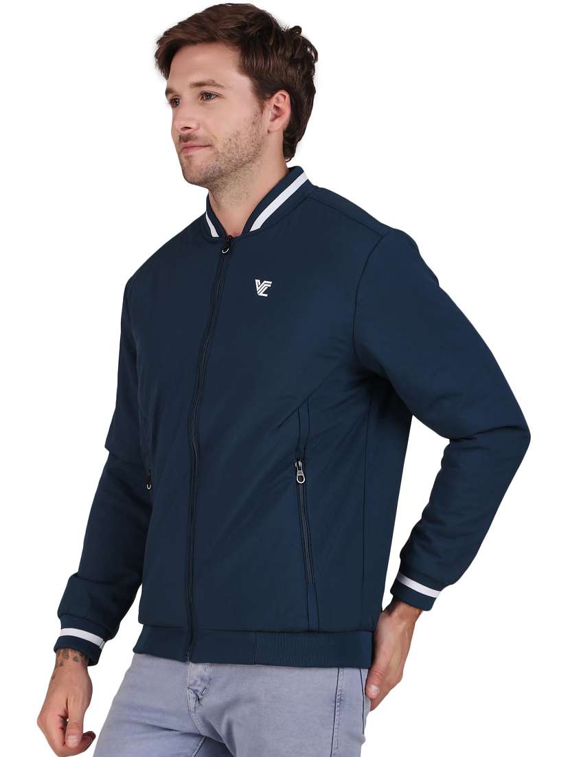 men solid navy blue polyester casual jacket - 20468268 -  Standard Image - 1