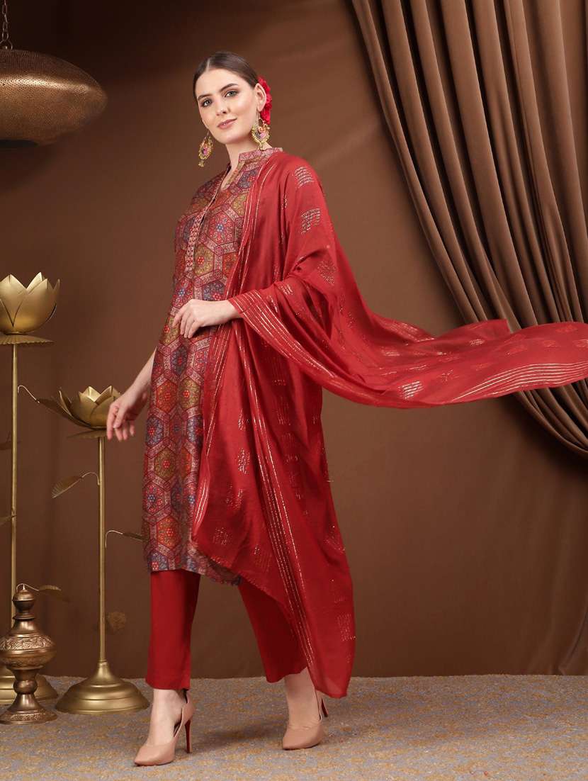maroon printed suit set - 20468603 -  Standard Image - 1